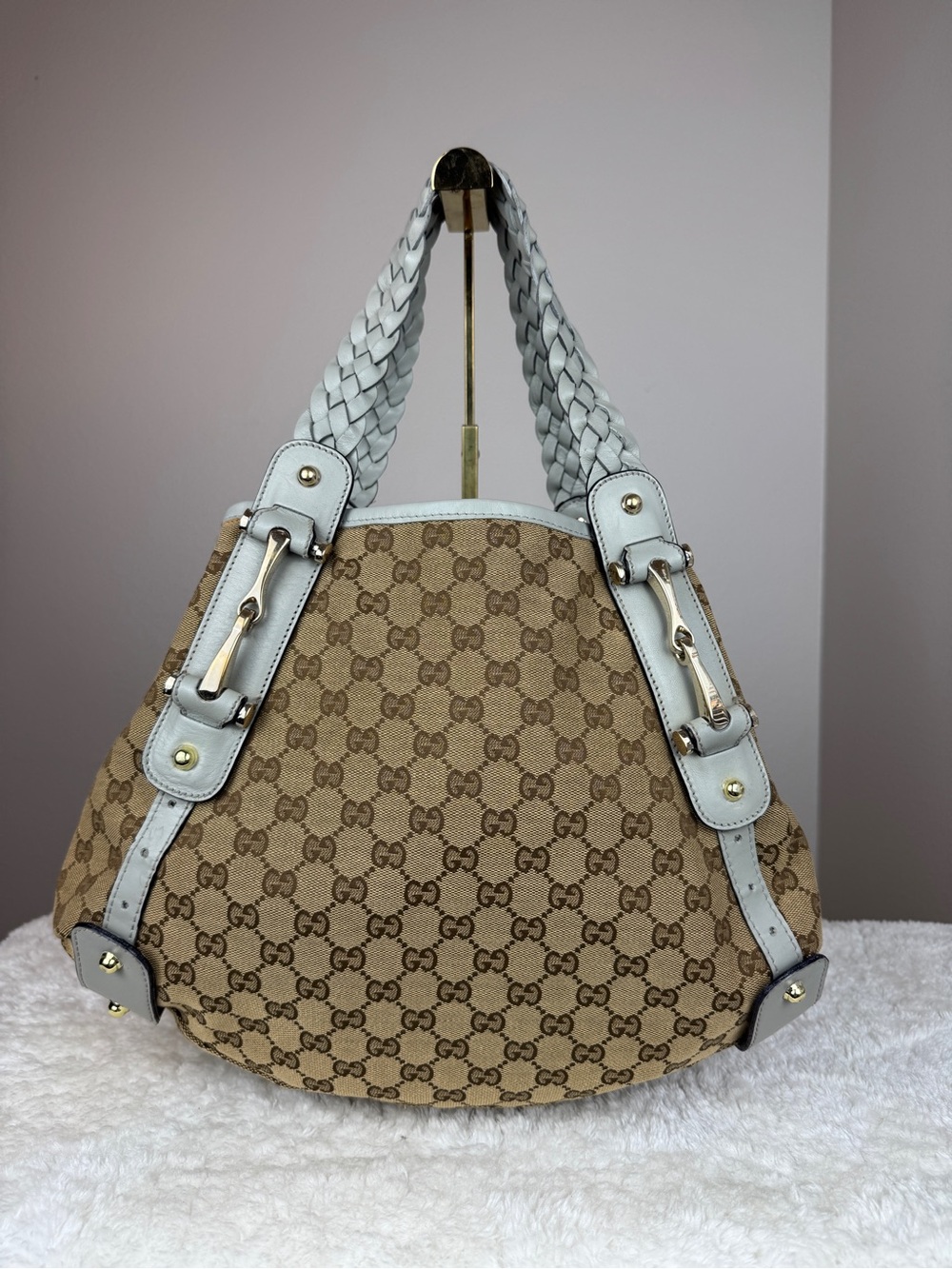 GUCCI  pelham Beige GG Canvas Shoulder Bag with Light Blue Braided Trim